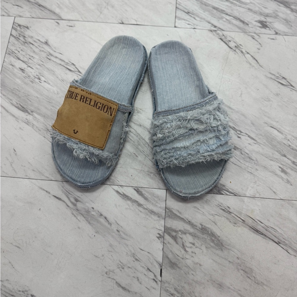 True Religion Light Blue Denim Slides with Tan Patch